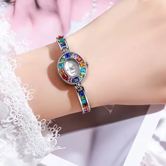 Vintage Silver Multicolor Crystal Quartz Watch